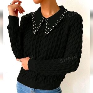 SHEIN Black Rhinestone Collar Sweater
